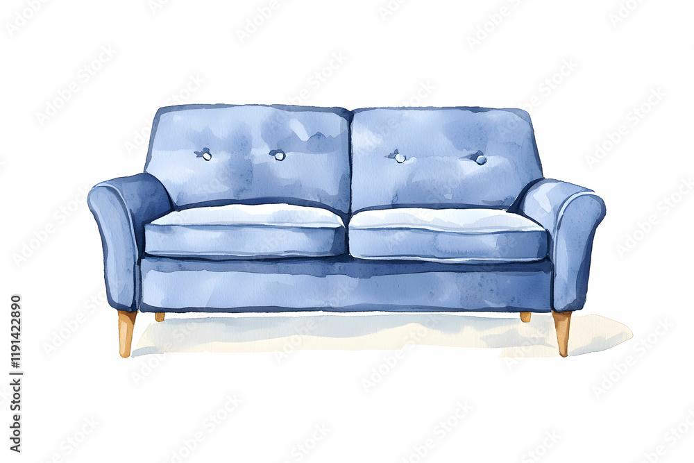 Fototapeta premium Cozy Blue Sofa with Button Details and Elegant Wooden Legs in Watercolor Style