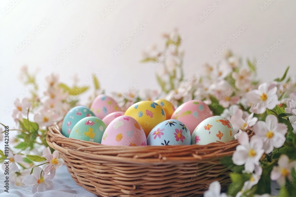 Fototapeta premium Colorful Easter eggs nestled in woven basket surrounded by delic