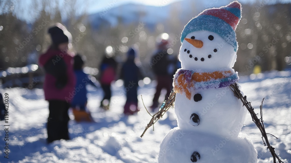 Fototapeta premium Frosty snowman with twig arms and children sledding in background