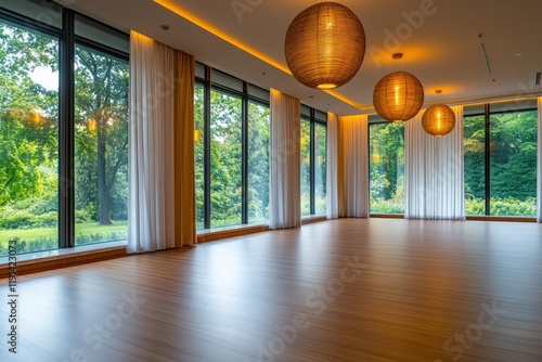 A wellness center yoga room with natural wood floors, large windows, and serene lighting for relaxation photo