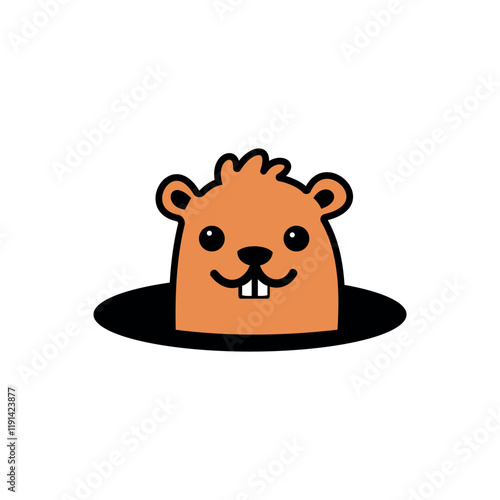 Cute groundhog looking out of a hole. Groundhog Day isolated on white background. Symbol of the arrival of spring