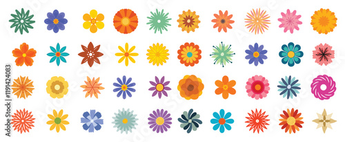 Abstract flowers, top view. Spring flora. Flat vector illustration on white background