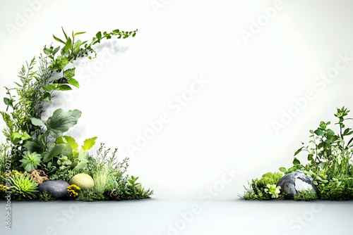 Lush greenery, rocks, and a globe arranged on a light grey floor against a white wall; perfect for environmental or eco-friendly themes photo