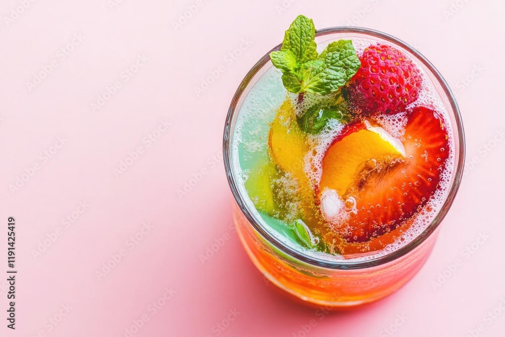 Colorful drink garnished with fresh fruits and mint leaves, vibr Colorful drink garnished with fresh fruits and mint leaves, vibr