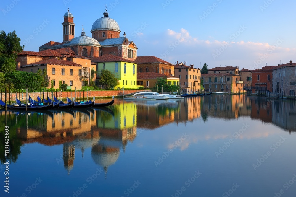Obraz premium Scenic Canal with Historic Architecture and Boats at Sunset
