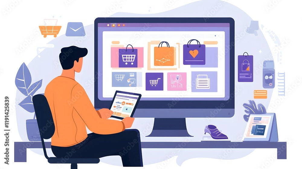 A man using a tablet while shopping online, surrounded by various shopping icons and graphics. This image represents modern e-commerce and the digital shopping experience. A man using a tablet while shopping online, surrounded by various shopping icons and graphics. This image represents modern e-commerce and the digital shopping experience.
