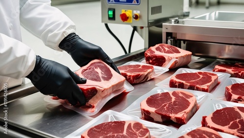 A close-up of hands packing meat using a vacuum heat sealing machine in a meat factory, focusing on the food packaging process.

 photo