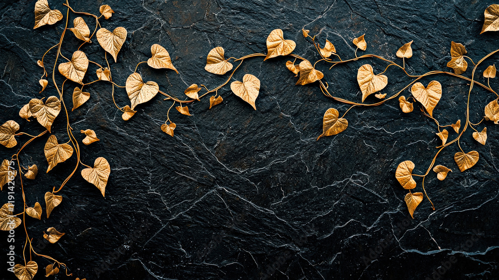 Obraz premium Golden ivy vines crawl across a matte black textured wall in a symmetrical pattern, creating an elegant contrast between nature and modern design, perfect for sophisticated décor. 