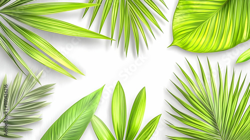 Lush tropical leaves arranged on white background; ideal for summer designs, websites, or social media posts