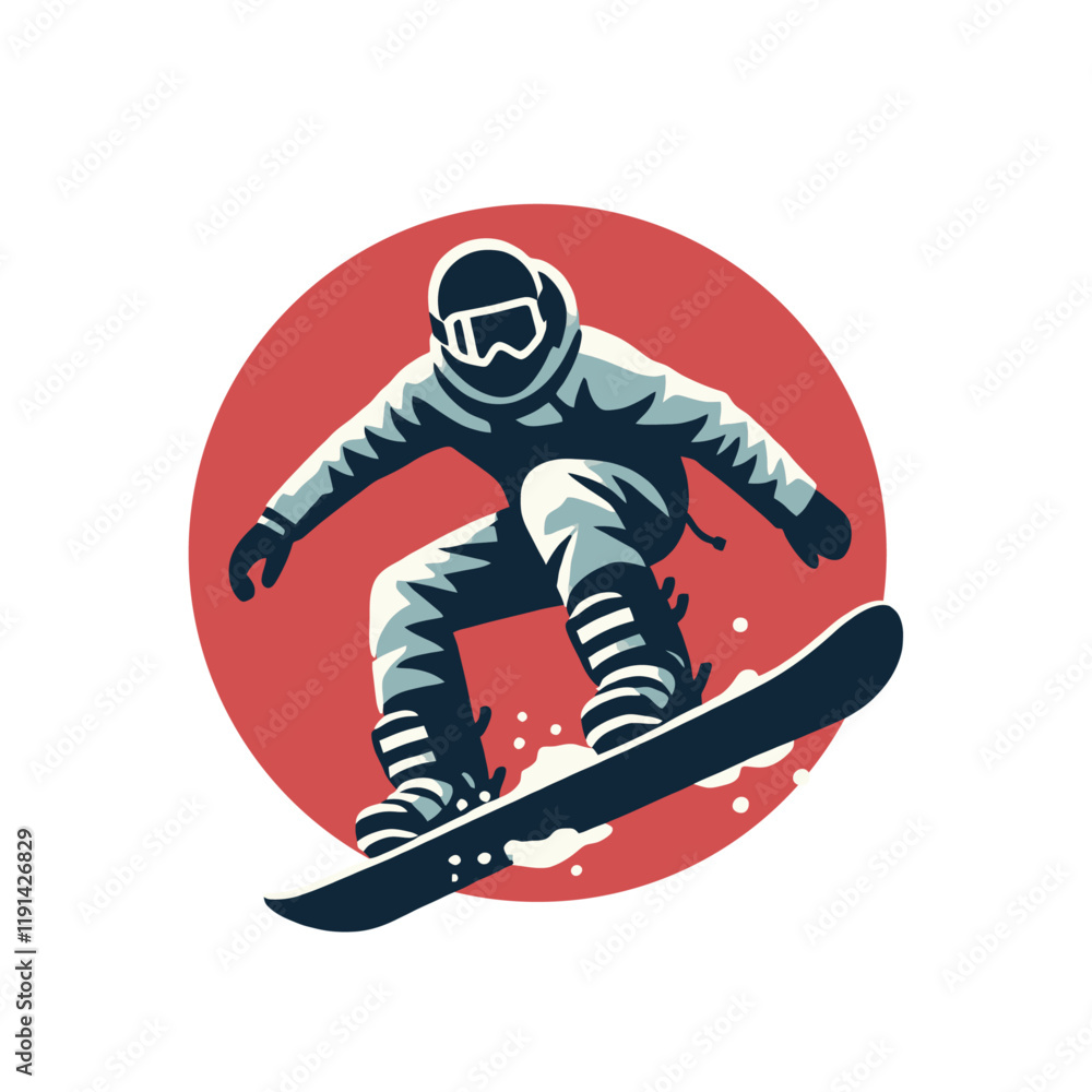 Obraz premium A sleek illustration of a snowboarder in motion with a vibrant red circular background, showcasing energy and adventure, perfect for winter sports designs. Isolated vector illustration.