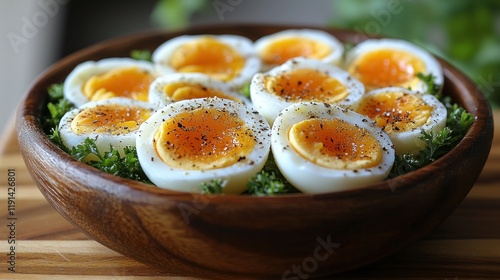 Delicious Sliced Hard-Boiled Eggs with Parsley in Wooden Bowl
