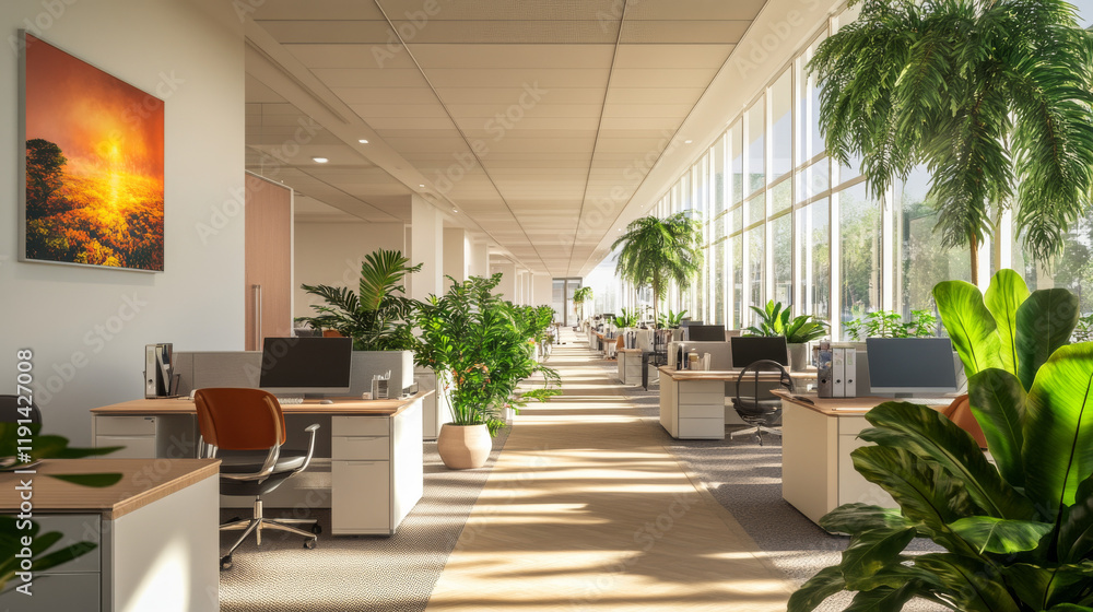 Fototapeta premium A bright open-plan office with ergonomic desks, modern chairs, and vibrant indoor plants.