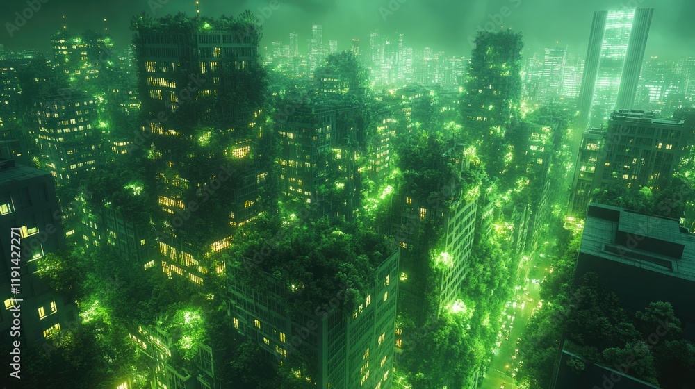 Obraz premium Glowing green cityscape at night, showcasing vibrant lights and