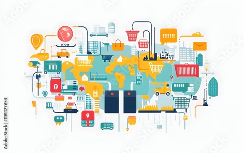 Wallpaper Mural A vibrant and intricate graphic representation of a global network, featuring icons for transportation, communication, and commerce, illustrating the interconnectedness of our digi Torontodigital.ca