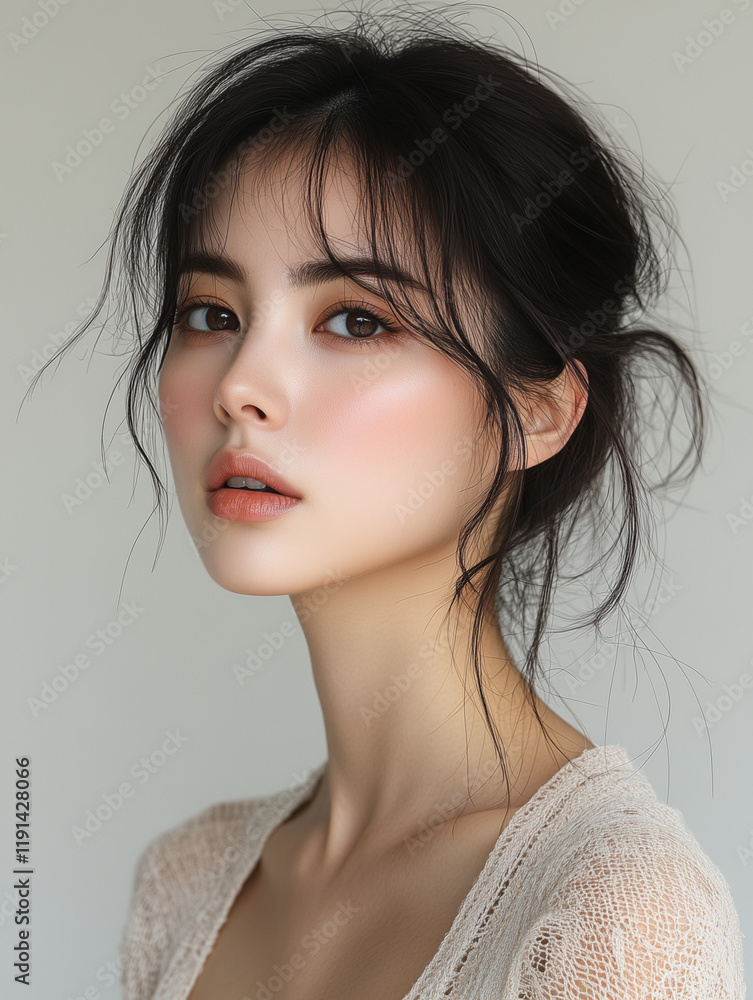 Korean woman with natural makeup and loose hair poses against a light backdrop