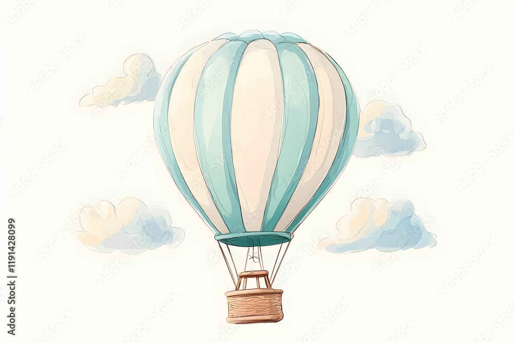 Obraz premium Colorful Hot Air Balloon Flying in a Clear Sky with Soft Clouds Above