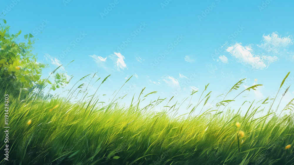 A lush green meadow under a clear blue sky, with tall grass gently swaying in the breeze. A lush green meadow under a clear blue sky, with tall grass gently swaying in the breeze.