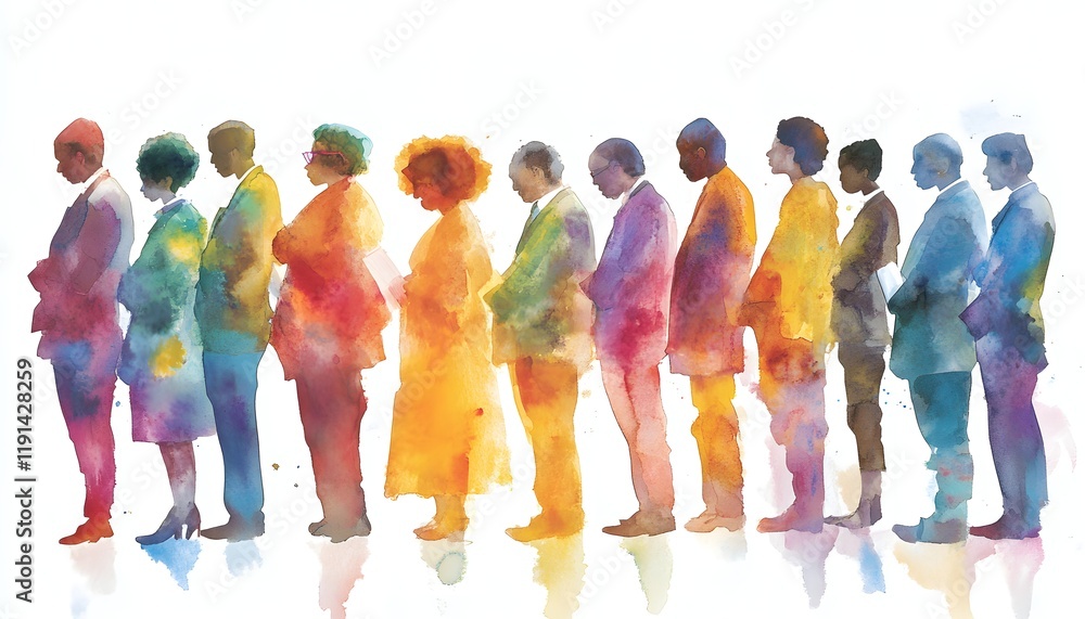 Fototapeta premium A vibrant watercolor painting depicting a diverse group of people standing in a line, showcasing individuality and unity through colorful representation.