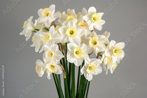 A bouquet of white daffodils, with petals that have yellow centers and green stems against a gray background photo