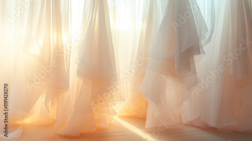 Soft, flowing fabrics illuminated by warm light create an ethere photo