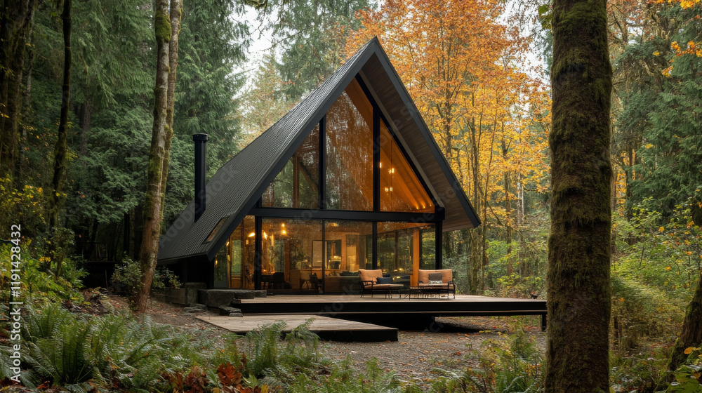 A modern A-frame cabin nestled in a forest, with large glass windows reflecting the surrounding trees. A modern A-frame cabin nestled in a forest, with large glass windows reflecting the surrounding trees.