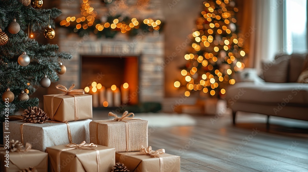 A charming, softly blurred living room decorated for Christmas in warm, cozy brown hues. The Christmas tree, lights, and presents are out of focus, creating a peaceful atmosphere A charming, softly blurred living room decorated for Christmas in warm, cozy brown hues. The Christmas tree, lights, and presents are out of focus, creating a peaceful atmosphere