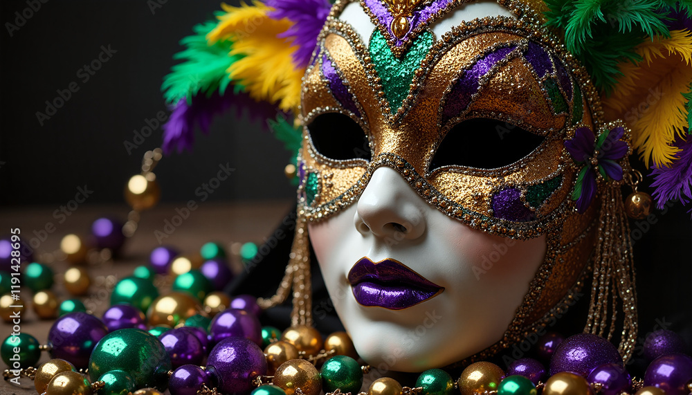 Mardi Gras mask with beads on dark background Mardi Gras mask with beads on dark background