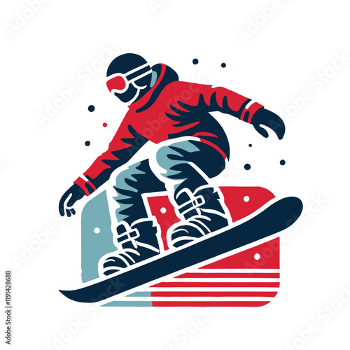 A vibrant illustration of a snowboarder in a red jacket with a graphic stripe background, showcasing energy and motion, ideal for winter sports themes. Isolated vector illustration.