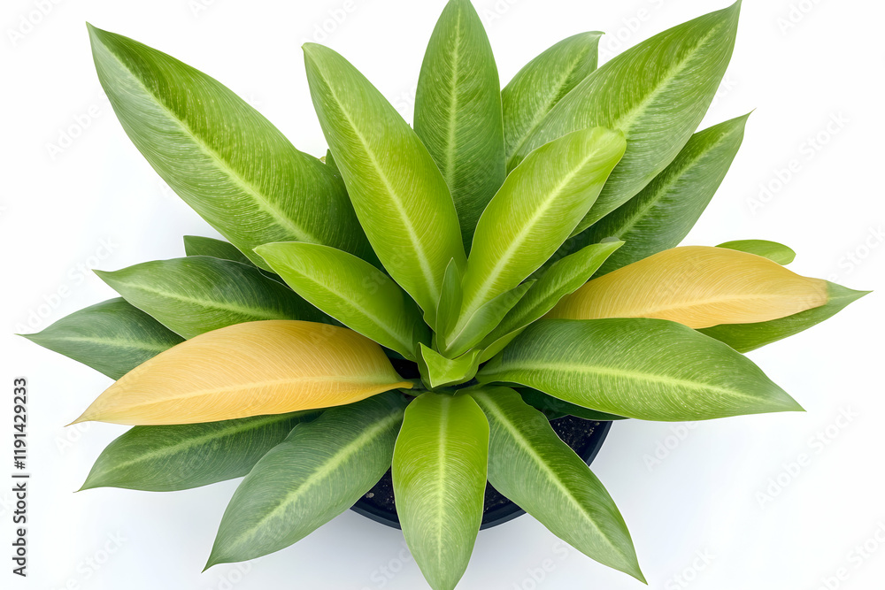 Overhead view of a healthy green houseplant with one yellowing leaf, isolated on white background; ideal for gardening, botany, or plant care websites Overhead view of a healthy green houseplant with one yellowing leaf, isolated on white background; ideal for gardening, botany, or plant care websites