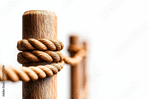 Wooden post with brown rope detail, focus on rustic outdoor decor elements photo