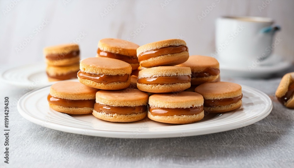 Generated image Alfajores with caramel filling on a white porcelain plate Generated image Alfajores with caramel filling on a white porcelain plate