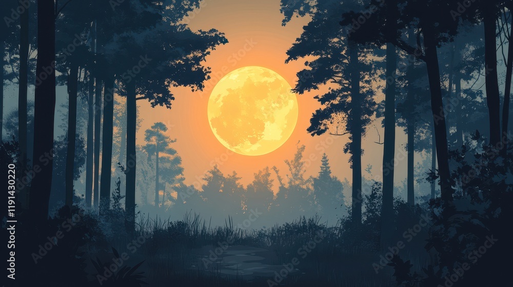Forest Path Underneath A Large Yellow Moon Forest Path Underneath A Large Yellow Moon