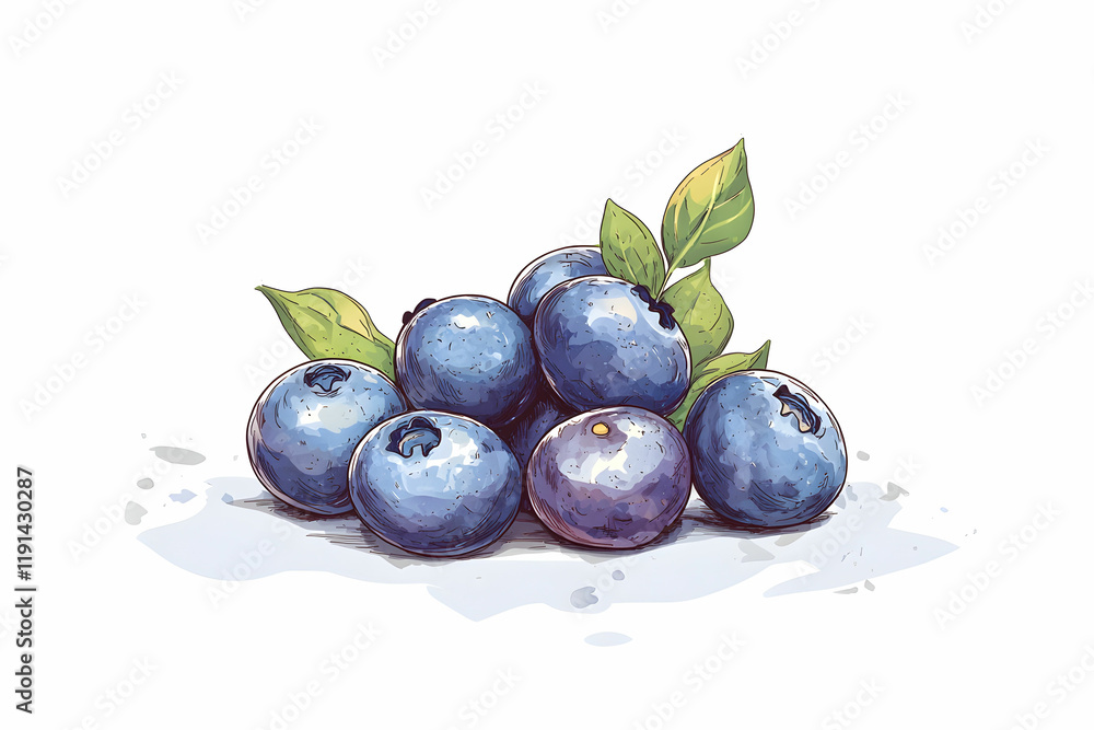 Fresh Blueberries with Green Leaves on White Background Fresh Blueberries with Green Leaves on White Background
