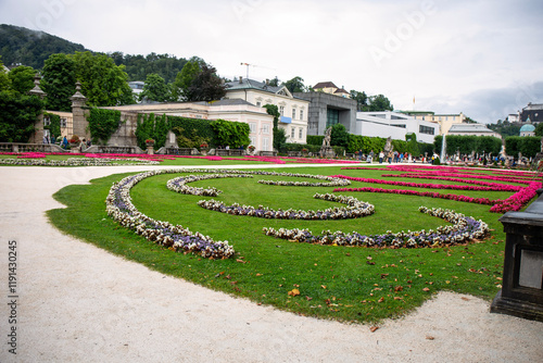 sunny day Salzburg city famous tourist garden castle Mirabella Austria