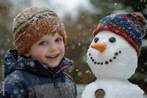 Winter joy with snowfall: cute two child boy makes a frosty figure. Leisure outdoors for children on cloudy snowing. Kid ski wear. Winter family photos. Family fun outdoors. Snowman decora. photo