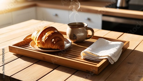 A dish towel, fresh croissant, and ceramic cups of tea arranged on a bamboo tray on a wooden tabletop, with sunlight streaming in, creating a cozy breakfast scene in a kitchen interior.

