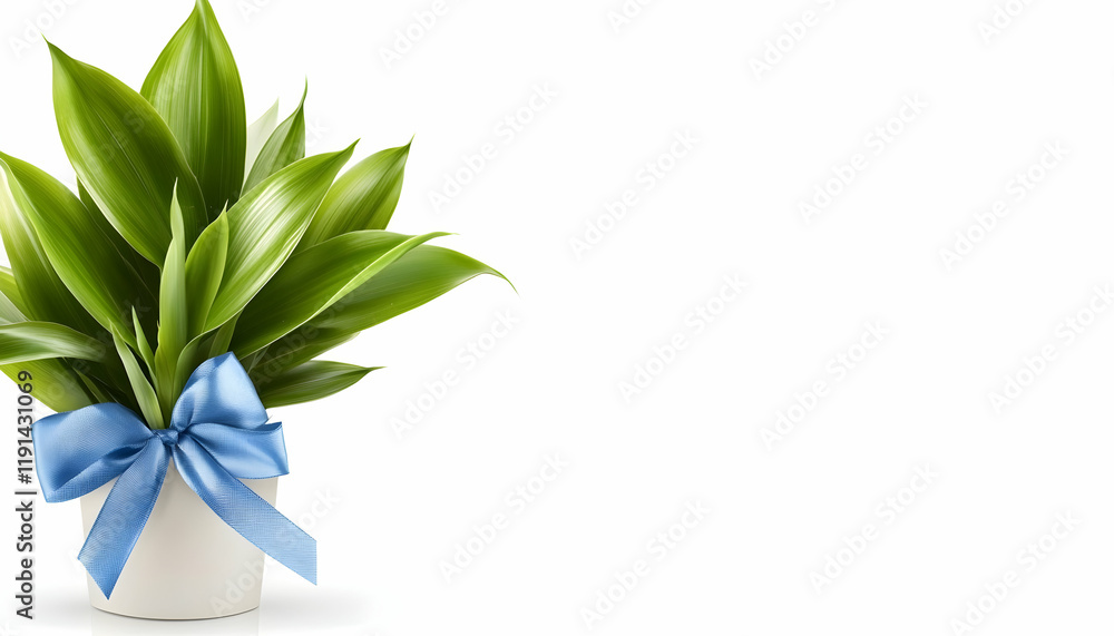 Fototapeta premium Potted plant with blue ribbon, white background; ideal for websites, blogs, or greeting cards