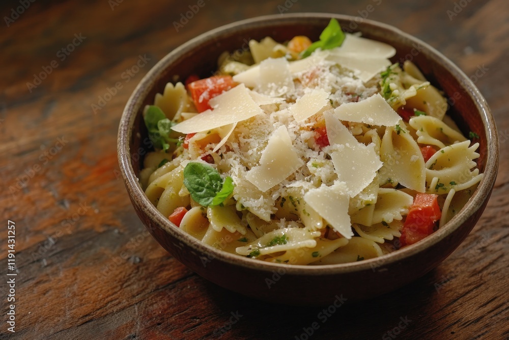 Colorful pasta dish garnished with fresh vegetables and grated c Colorful pasta dish garnished with fresh vegetables and grated c