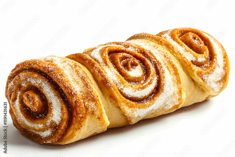 Fototapeta premium Freshly Baked Cinnamon Roll on White Background with Swirls and Sugar