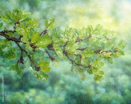 Rainy day, oak branch, lush green forest background; nature scene for weather, spring, or environmental themes photo