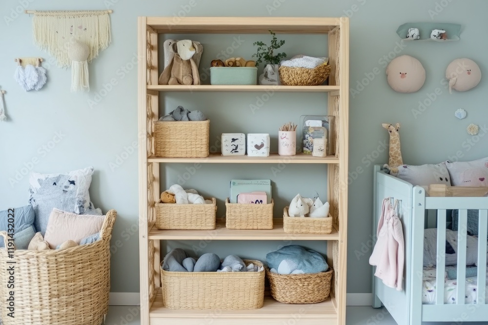 Fototapeta premium Stylish nursery with organized shelves, soft colors, and cozy de
