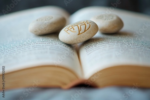 Open book with smooth stones on pages, symbolizing peace and kno photo