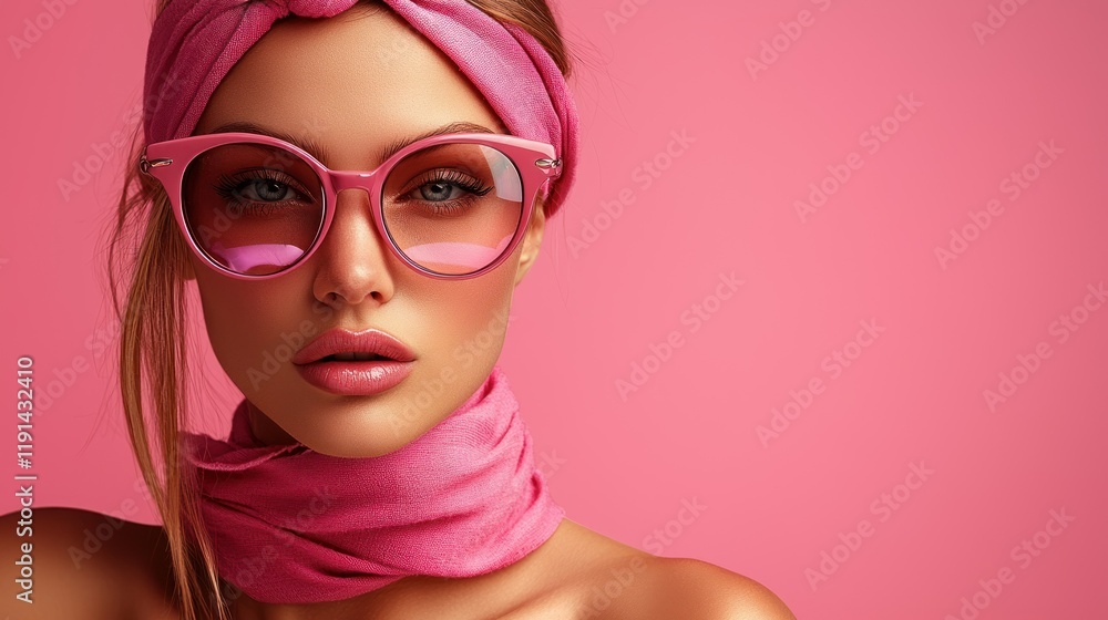 Pink Paradise: A Stunning Portrait of a Woman in Stylish Sunglasses and Headscarf Pink Paradise: A Stunning Portrait of a Woman in Stylish Sunglasses and Headscarf