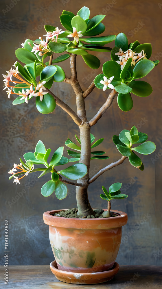 A Vibrant, Flourishing Jade Plant Blossoming in a Rustic Terracotta Pot A Vibrant, Flourishing Jade Plant Blossoming in a Rustic Terracotta Pot
