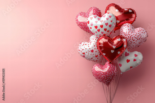 Pink Heart shaped Ballons on pink gound with space for text, Valentine's Day Card, Background