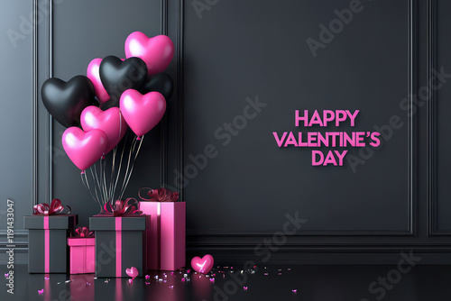 Black and pink hearts, balloons and gift boxes on bacl ground, Valentine's Day Card, Background