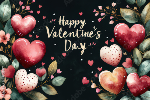 elegant Valentine's day design with hearts and flowers on black ground, valentine's day card, background