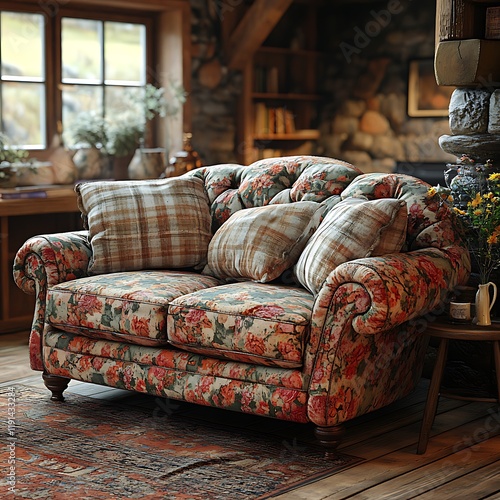 Rustic cottage interior featuring floral upholstered couch image photo