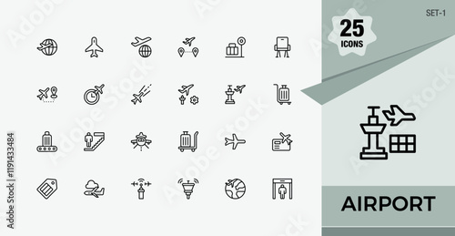 Airport linear icon collection. Includes icons for find, departure, elevator, luggage, search, change and more. Simple icon designs. Vector illustration.