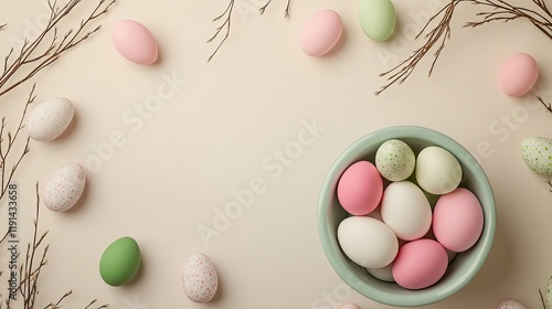 Soft pastel eggs arranged around bowl create delicate spring amb photo